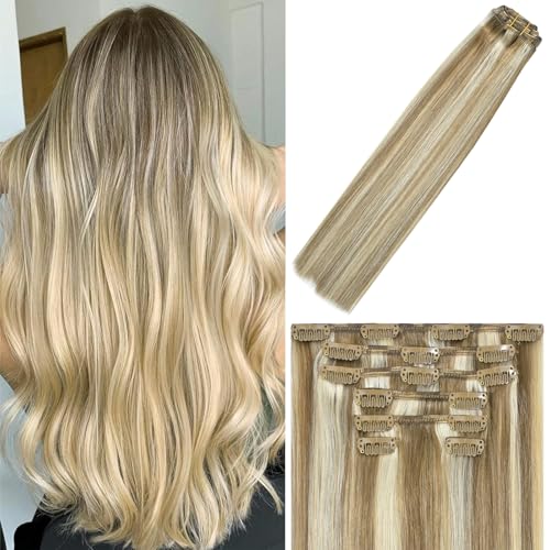 WindTouch Clip in Hair Extensions Real Human Hair Balayage Mixed Bleach Blonde Hair Extensions 15Inch 70g 7PCS Highlights Straight Blonde Clip in Hair Extensions for Women