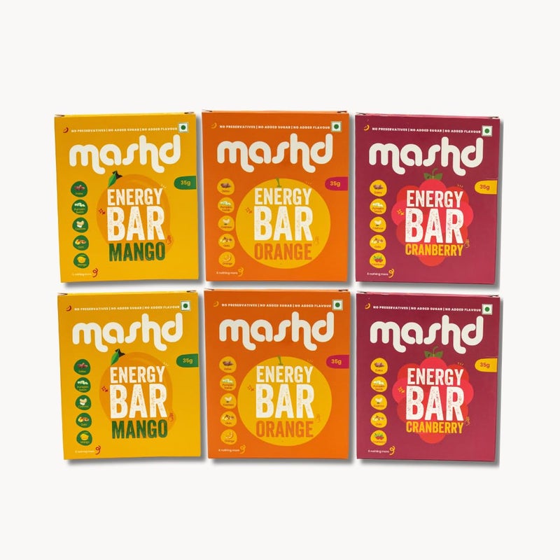 Mashd - Energy Bars - Fruity Pack | Pack of 6 x 35g | 25g Protein | 2 x Cranberry, 2 x Mango, 2 x Orange | No Added Sugar | No Added preservative | No Added flavour | Healthy Wholesome Natural Snack - Image 1
