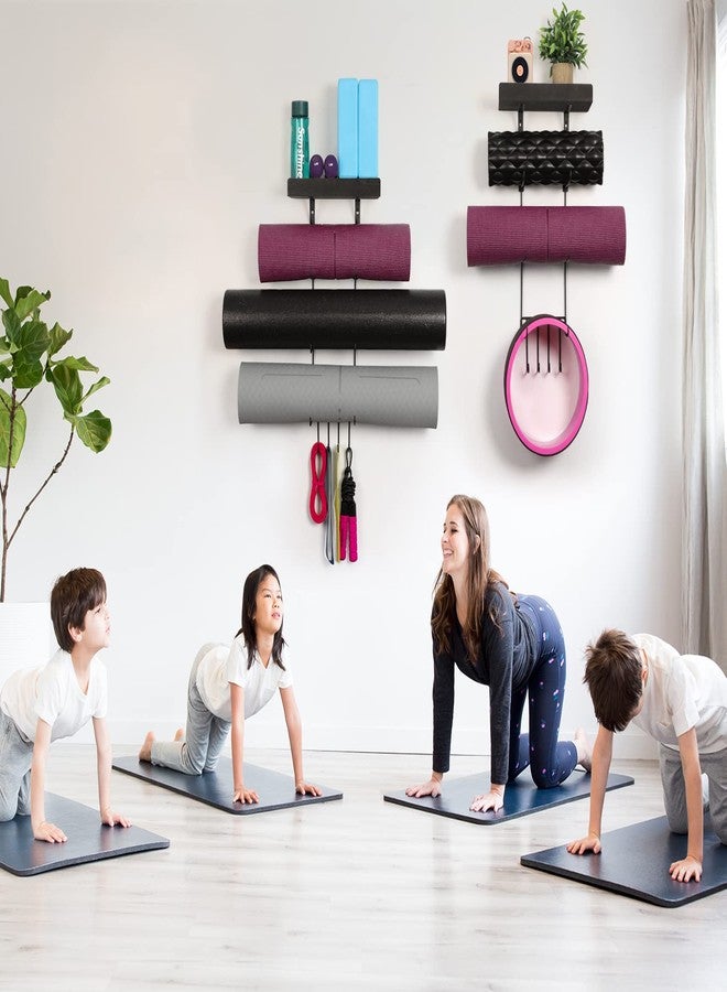 Bikoney Yoga Mat Holder Wall Mount Yoga Mat Storage Home Gym Accessories with Wood Floating Shelves and 4 Hooks for Hanging Foam Roller and Resistance Bands at Fitness Class or Home Gym Vintage Black - Image 3