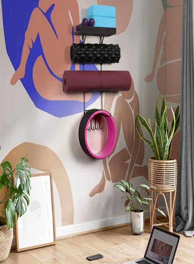 Bikoney Yoga Mat Holder Wall Mount Yoga Mat Storage Home Gym Accessories with Wood Floating Shelves and 4 Hooks for Hanging Foam Roller and Resistance Bands at Fitness Class or Home Gym Vintage Black - Image 5