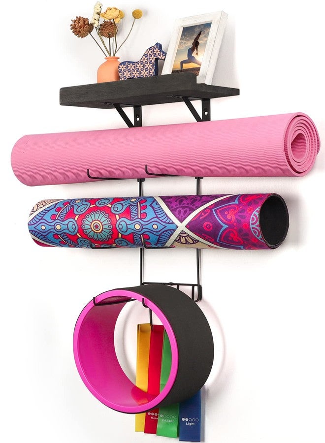 Bikoney Yoga Mat Holder Wall Mount Yoga Mat Storage Home Gym Accessories with Wood Floating Shelves and 4 Hooks for Hanging Foam Roller and Resistance Bands at Fitness Class or Home Gym Vintage Black - Image 1