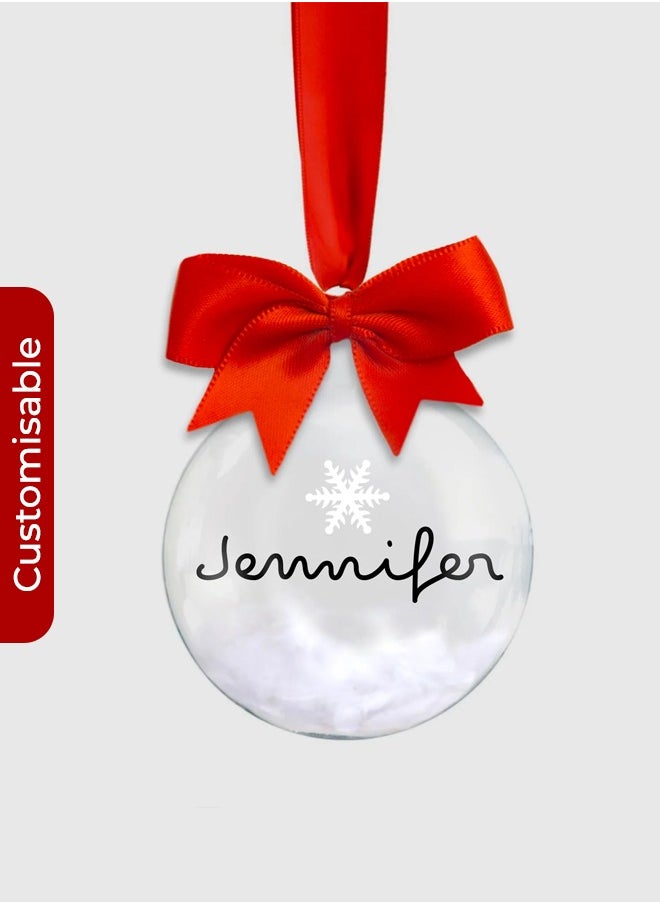 Share the Love Personalised Line Font Bauble  – With Red Ribbon, Bow, and Feather or Snow Bead Filling  - Image 1