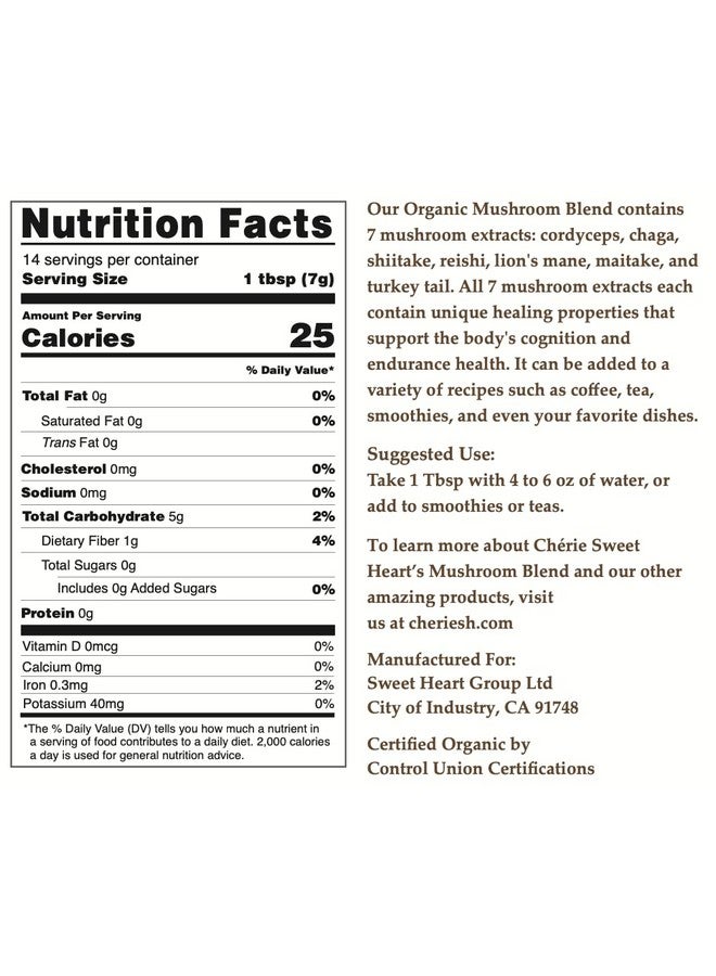 Chérie Sweet Heart Cherie Sweet Heart 7 Mushroom Extract Powder, Usda Organic, Lion'S Mane, Reishi, Cordyceps, Maitake, Shiitake, Turkey Tail, Chaga, Real Mushrooms, No Fillers, 3.5Oz. (Mushroom Blend, 3.5 Ounce)  - Image 2