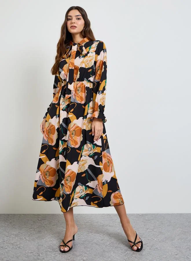 تايك تو Multi Tie-Up Neck A-Line Midi Dress