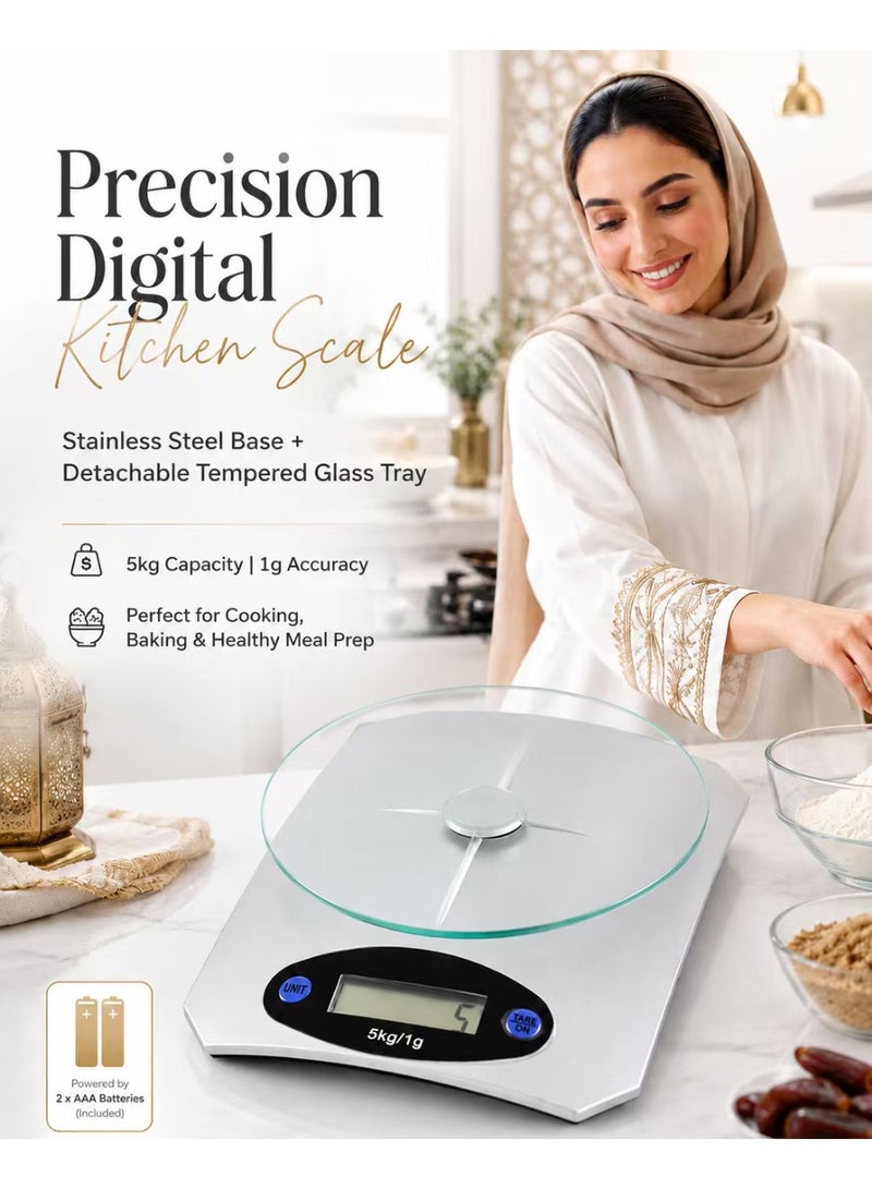 ميزان مطبخ رقمي 5 كجم/1 غرام – قياس وزن الطعام بالجرام والأوقية، منصة مزودة بشاشة LCD، مثالي للحمية الغذائية والخبز والطهي وإعداد الوجبات - Image 1
