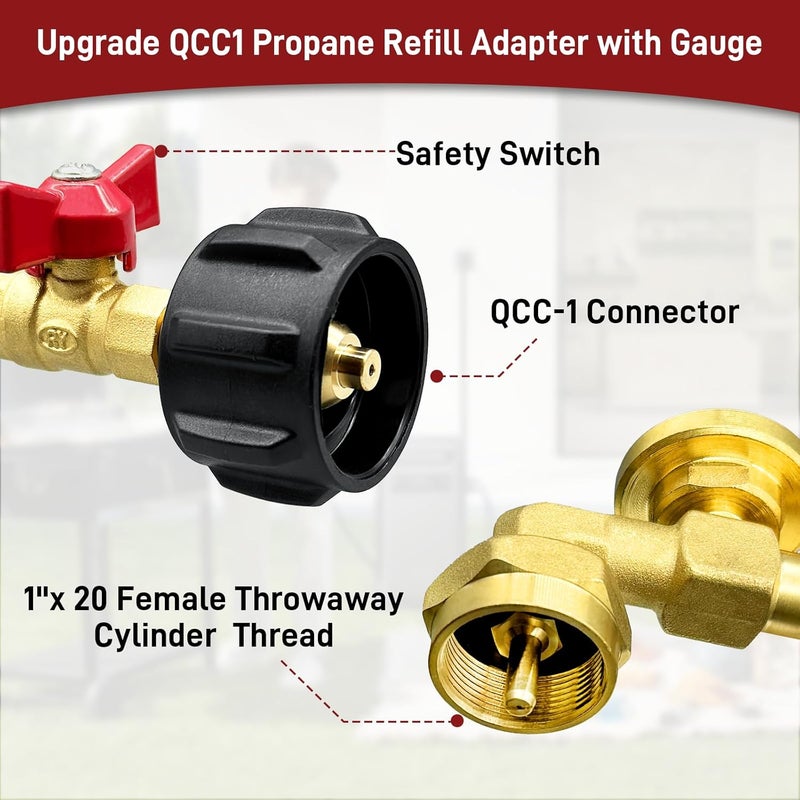 Runtticoon Upgraded Refill Adapter for 1 lb. Tanks, Propane Refill Adapter 20lb to 1lb Converter with Valve and Gauge, QCC1 Propane Adapter for Refillable Propane Cylinder 1 lb,90 Degree Elbow Design,for Camping - Image 2
