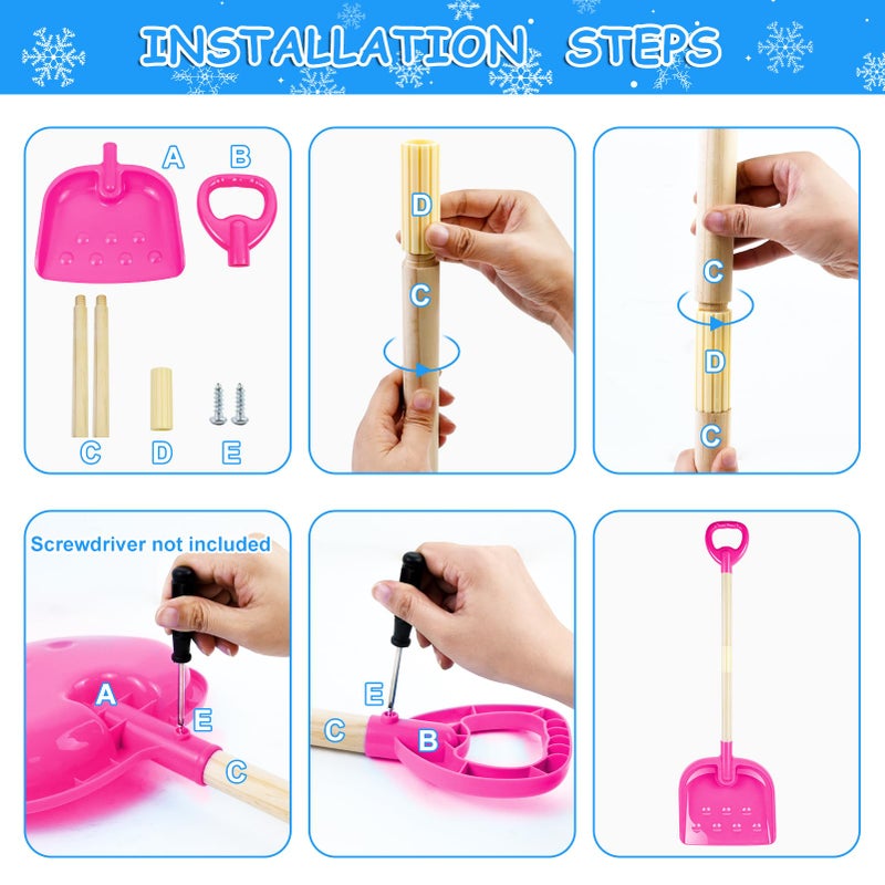 Fantang 2PCS Kids Snow Shovel, 32" H Detachable Wooden Childs Snow Shovel with Plastic D-Grip Handle and Scoop Winter Children Shovel Blue Pink Toddler Shovel Outdoor Play Snow Gift for Boy Girl Snow Removal - Image 4