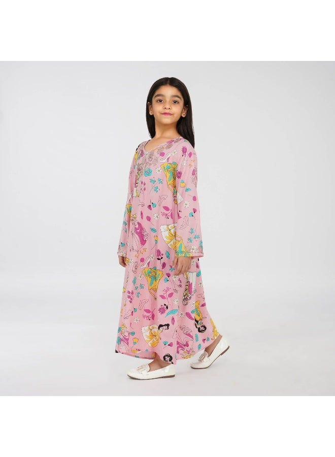 LINELLE Princess Theme Kids Jalabiya –  Printed Maxi with Full Sleeves and Embellished V Neckline - Image 5