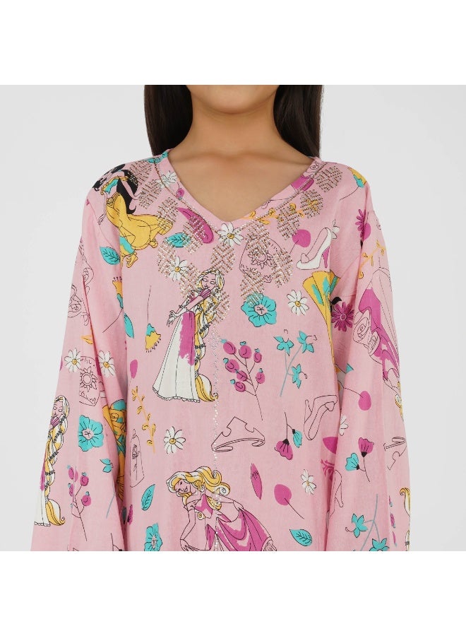 LINELLE Princess Theme Kids Jalabiya –  Printed Maxi with Full Sleeves and Embellished V Neckline - Image 3