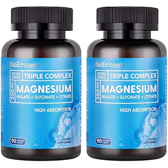 BioEmblem High Absorption Triple Magnesium Complex 300mg | Magnesium Glycinate for Nerves, Malate for Energy, Magnesium Supplement to Support Muscle Health | Vegan, Non-GMO 180 Capsules - Image 1
