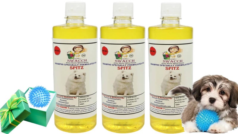 swacch Shampoo | Puppy Safe Shampoo | PH Balanced | Ditch to Itch for Spitz Dog Shampoo 500ml Pack of 3 (Lemon) + Spike Ball Chew Toy Combo Pack - Image 1