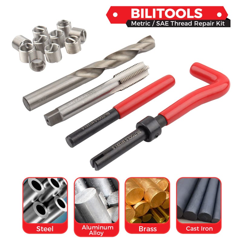 BILITOOLS M8x1.25 Thread Repair Kit, HSS Drill Helicoil Repair Kit Metric - Image 2