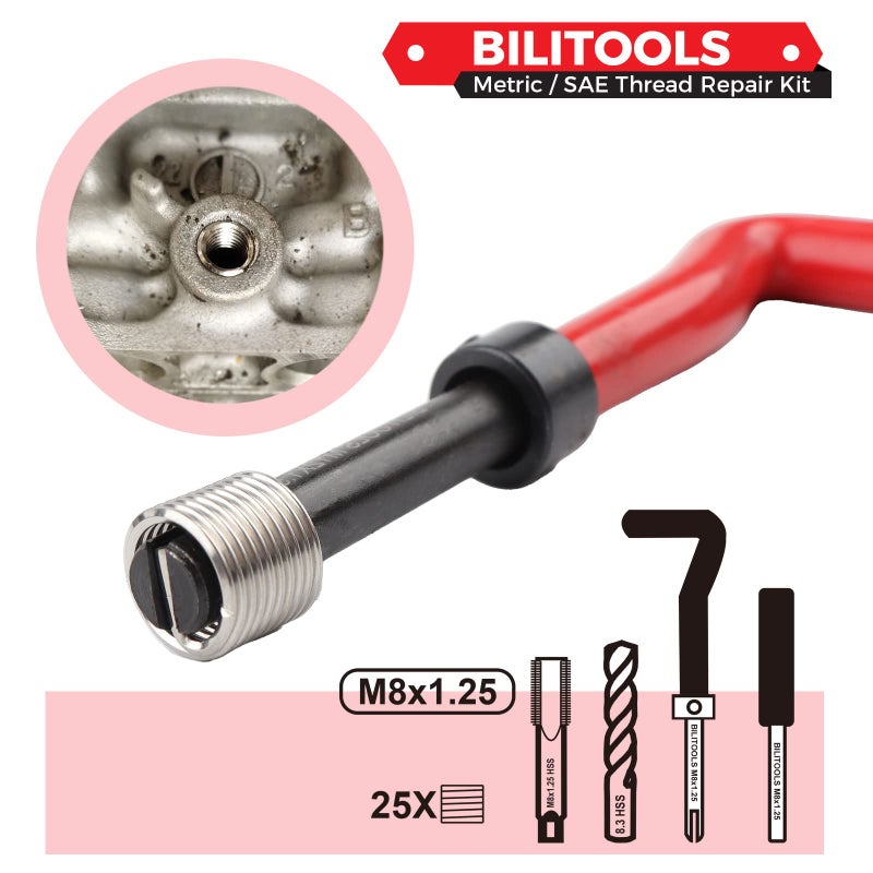 BILITOOLS M8x1.25 Thread Repair Kit, HSS Drill Helicoil Repair Kit Metric - Image 3