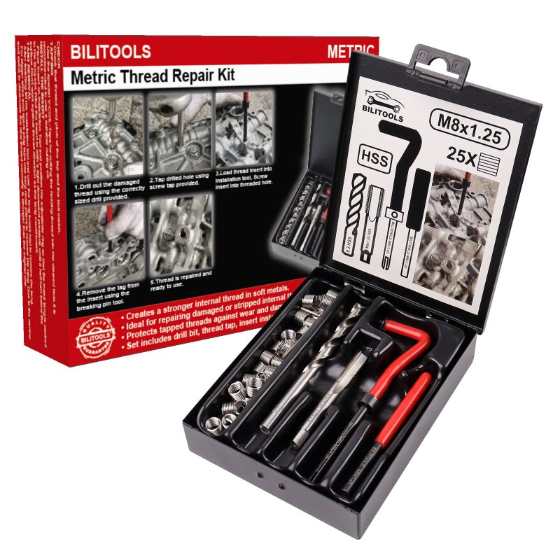 BILITOOLS M8x1.25 Thread Repair Kit, HSS Drill Helicoil Repair Kit Metric - Image 1
