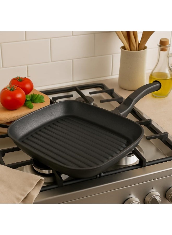 BS B&S 'PROF' Grill Pan 26x26 cm – Optima Non-Stick Square Grill with Fixed Black Handle – Durable Die-Cast Aluminum – Kitchen Accessory for Grilling Meat & Veggies – Eco-Friendly Cookware - Image 2