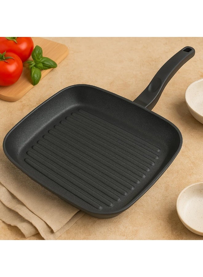 BS B&S 'PROF' Grill Pan 26x26 cm – Optima Non-Stick Square Grill with Fixed Black Handle – Durable Die-Cast Aluminum – Kitchen Accessory for Grilling Meat & Veggies – Eco-Friendly Cookware - Image 1