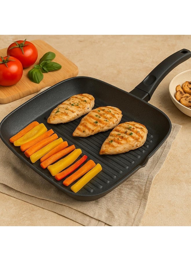 BS B&S 'PROF' Grill Pan 26x26 cm – Optima Non-Stick Square Grill with Fixed Black Handle – Durable Die-Cast Aluminum – Kitchen Accessory for Grilling Meat & Veggies – Eco-Friendly Cookware - Image 4