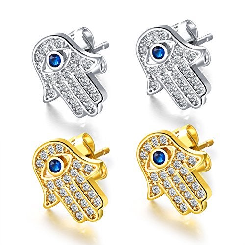 HQLA Yellow Gold/White Gold Plated Evil Eye and Hamsa Hand of Fatima White Blue Cubic zircon crystal Stud Earrings For Women (2 Pairs(White & Gold)) - Image 1