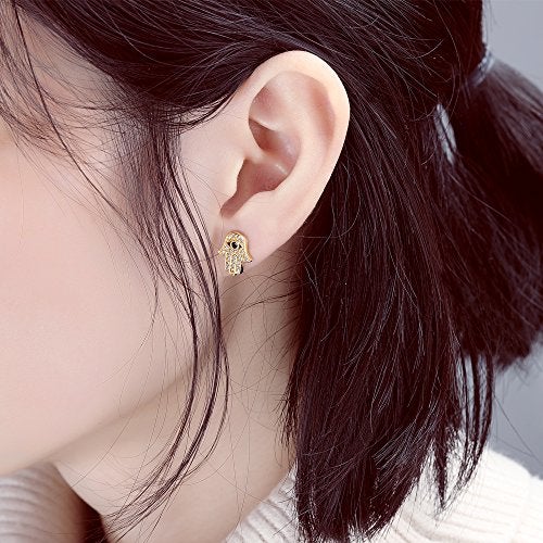 HQLA Yellow Gold/White Gold Plated Evil Eye and Hamsa Hand of Fatima White Blue Cubic zircon crystal Stud Earrings For Women (2 Pairs(White & Gold)) - Image 4