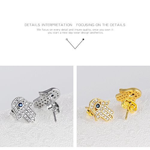 HQLA Yellow Gold/White Gold Plated Evil Eye and Hamsa Hand of Fatima White Blue Cubic zircon crystal Stud Earrings For Women (2 Pairs(White & Gold)) - Image 2