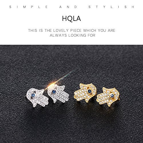 HQLA Yellow Gold/White Gold Plated Evil Eye and Hamsa Hand of Fatima White Blue Cubic zircon crystal Stud Earrings For Women (2 Pairs(White & Gold)) - Image 3