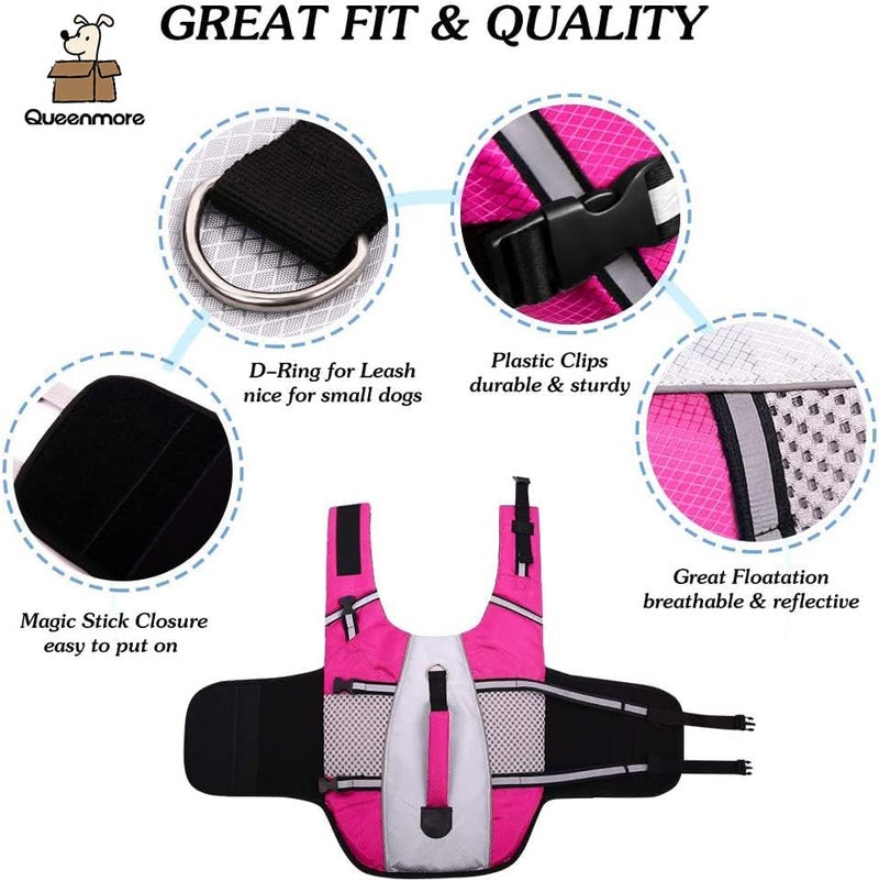 Queenmore Dog Life Jacket Swimming Vest Small Medium Dogs Neoprene Water Boating Life Preserver Lightweight Reflective Cat Puppy Kayaking Lifesaver for French Bulldog,Dachshund,Shih Tzu,Pug(Pink,M) - Image 2
