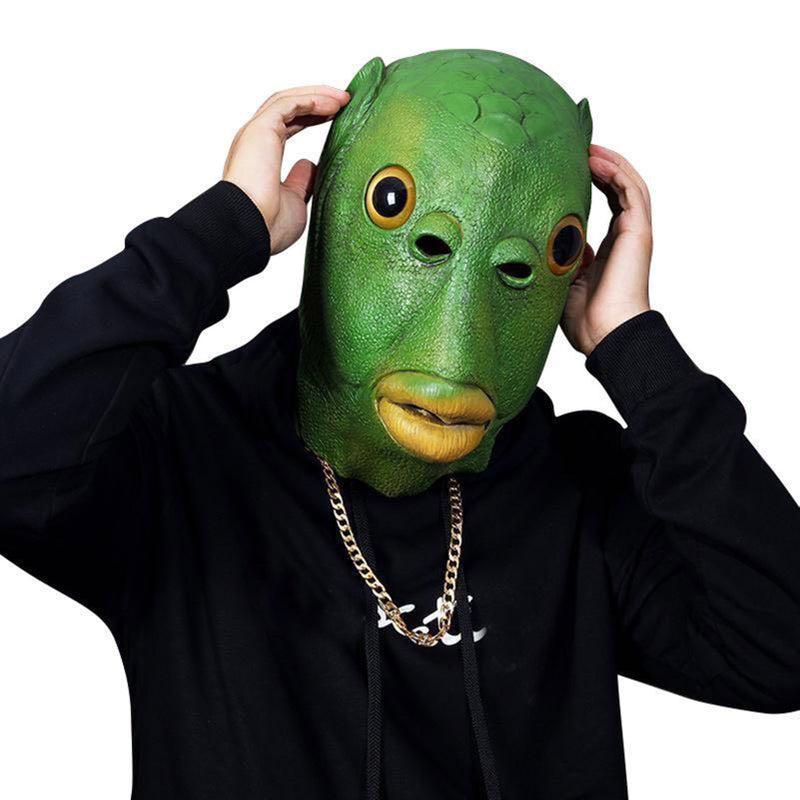 Green Fish Head Mask Funny Creepy Fish Head Party Mask Adult Animal Cosplay Prop Latex Mask Halloween Costume Festival Mask - Image 3
