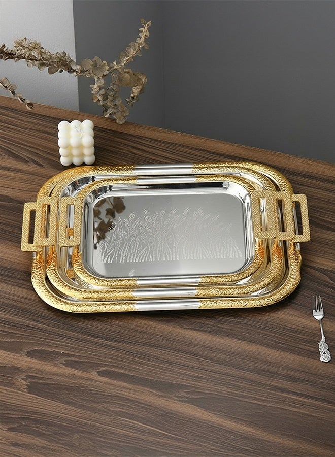 والالا صينية من الفولاذ المقاوم للصدأ مكونة من 3 قطع بمقبض، نسيج زهور عالي الجودة، حواف ذهبية، صينية وجبات خفيفة وصحن بعد الظهر، صينية حامل شموع، صينية مجموعة قهوة، صينية تخزين، أدوات مائدة، أدوات قهوة، أو مجوهرات، للفنادق، شاي بعد الظهر، الحفلات، غرفة المعيشة، المكتب - Image 1