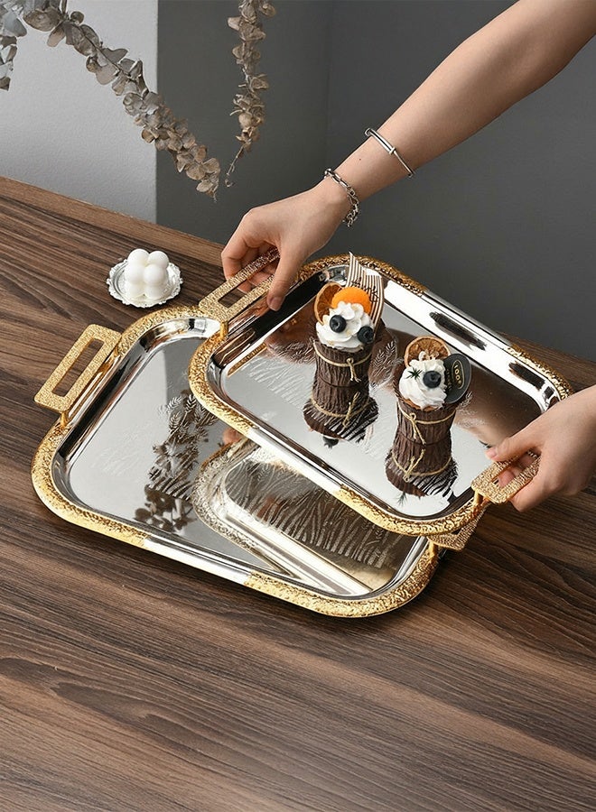 والالا صينية من الفولاذ المقاوم للصدأ مكونة من 3 قطع بمقبض، نسيج زهور عالي الجودة، حواف ذهبية، صينية وجبات خفيفة وصحن بعد الظهر، صينية حامل شموع، صينية مجموعة قهوة، صينية تخزين، أدوات مائدة، أدوات قهوة، أو مجوهرات، للفنادق، شاي بعد الظهر، الحفلات، غرفة المعيشة، المكتب - Image 2