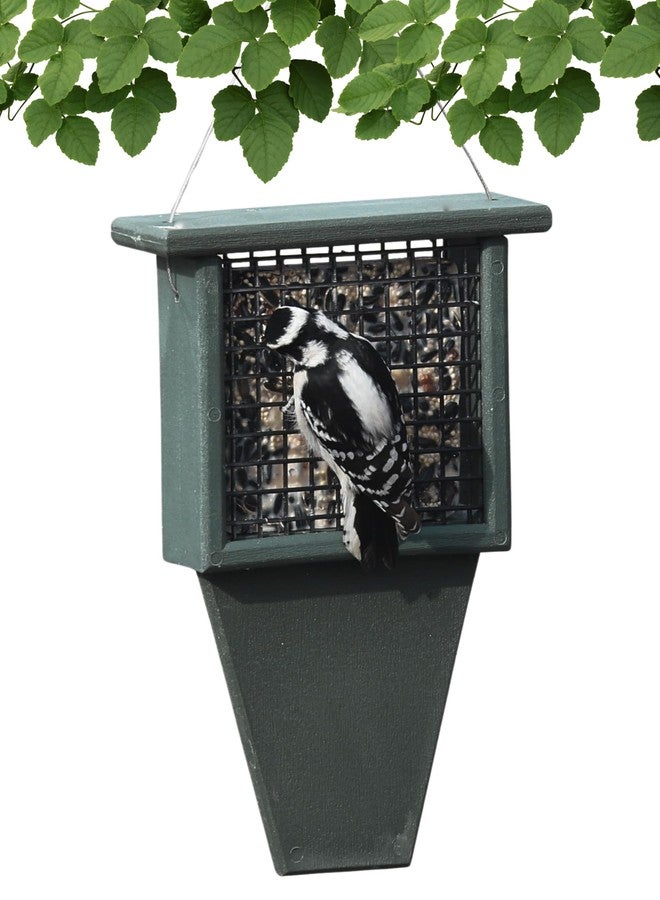 Songbird Essentials Tail Prop Suet Feeder - Recycled Plastic Bird Feeder with Coated Wire Cage for Bird Seed Cakes - Hunter Green - Image 1