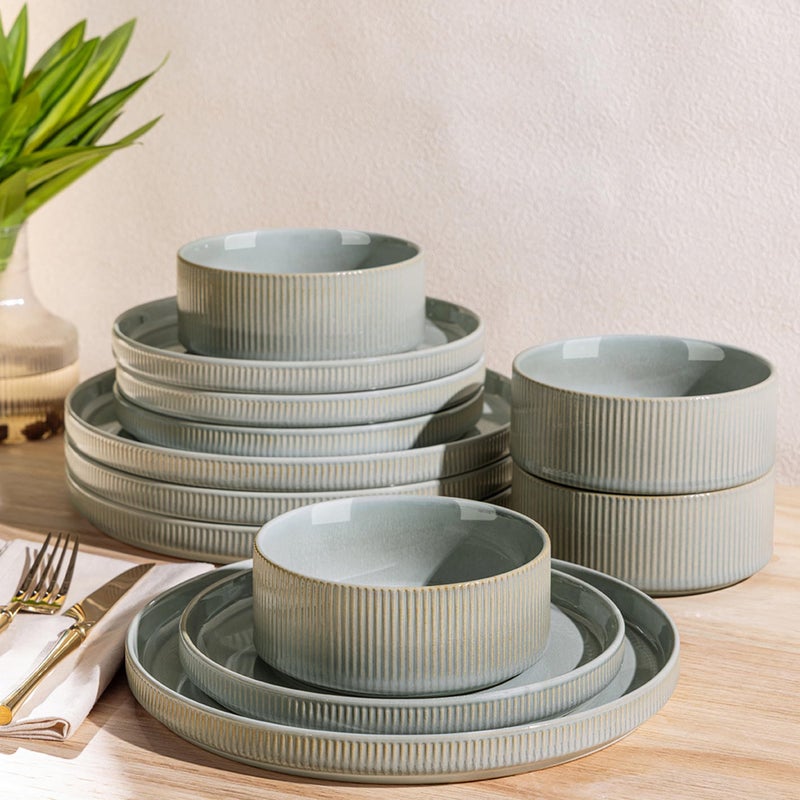 TheTerra Ceramic Dinnerware Sets for 4, 12 Pieces Porcelain Lightweight Plates and Bowls Sets, Scratch Resistant Dish Set, Oven & Microwave & Dishwasher Safe, Desert Sage - Image 1