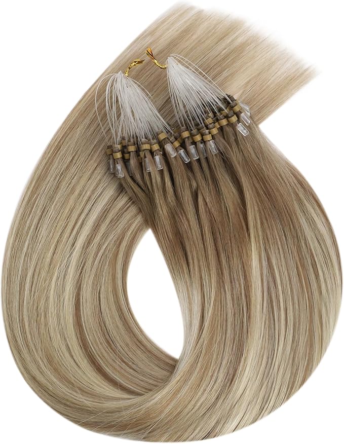 Ugeat Micro Ring Hair Extensions Add Length 20 Inch Micro Hair Extensions Real Human Hair Ash Blonde Highlights Bleach Blonde 50G50S No Glue Needed 18613