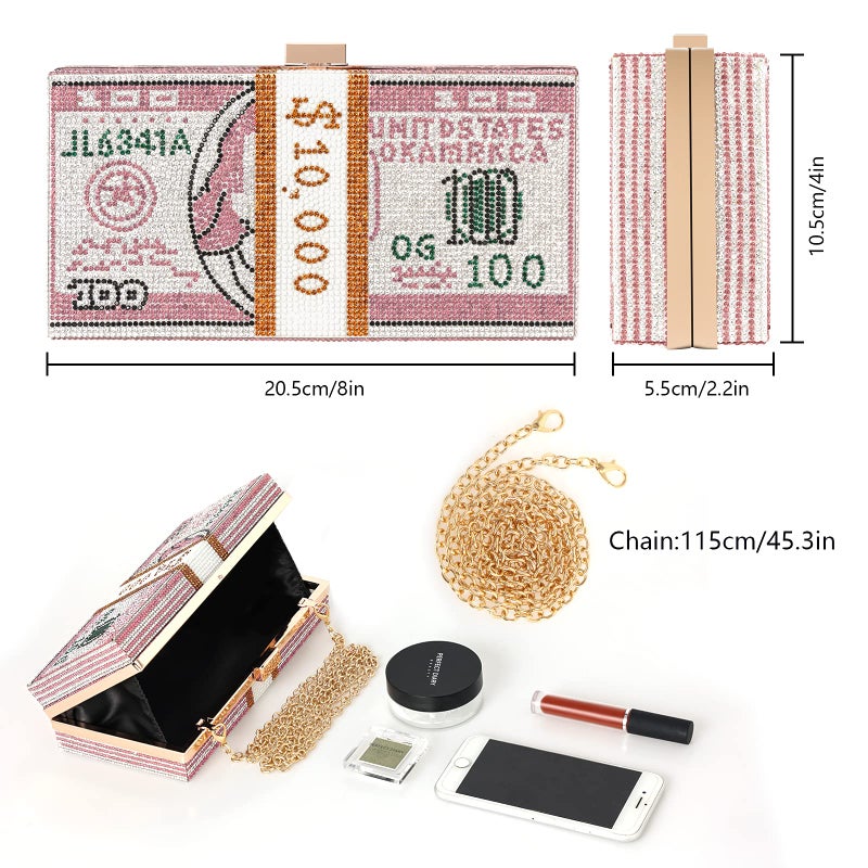 WJCD Money Clutch Purses Rhinestone Crossbody Purse Unique Evening Clutch Handbag Shoulder Bag Money Purses Crossbody Bag (Pink) - Image 2