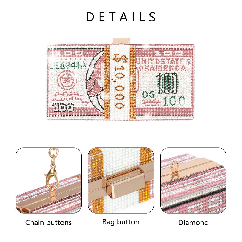 WJCD Money Clutch Purses Rhinestone Crossbody Purse Unique Evening Clutch Handbag Shoulder Bag Money Purses Crossbody Bag (Pink) - Image 3