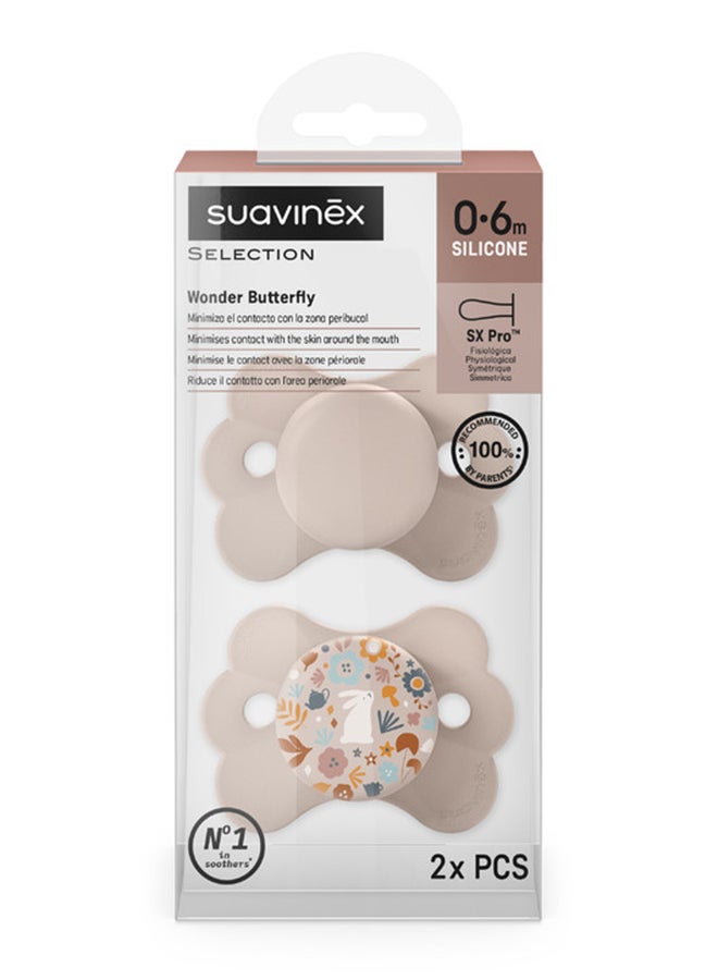 SUAVINEX سكس برو مصاصة على شكل فراشة فائقة النعومة للأطفال من 0-6 أشهر بحلمة سيليكونية حلمة فسيولوجية آمنة للأطفال عبوة من 2 - وردي - Image 2