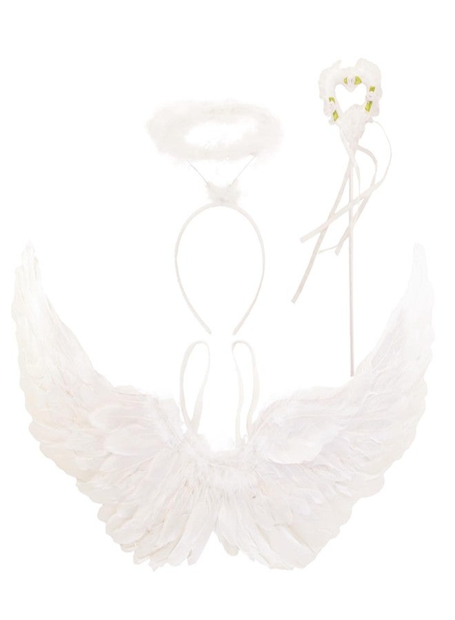 Nishine 26x14 inch Angel Feather Wing Halo and Wand Costume Set for Girls Cosplay Kids Women Halloween Party Favor (White) - Image 1