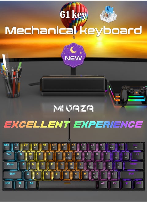 لوحة مفاتيح ميكانيكية 61 مفتاحًا - مفتاح أزرق - لوحة مفاتيح سلكية - تأثير إضاءة RGB - لوحة مفاتيح للألعاب - لوحة مفاتيح مكتبية - لوحة مفاتيح كمبيوتر - تدعم أنظمة Windows وMac