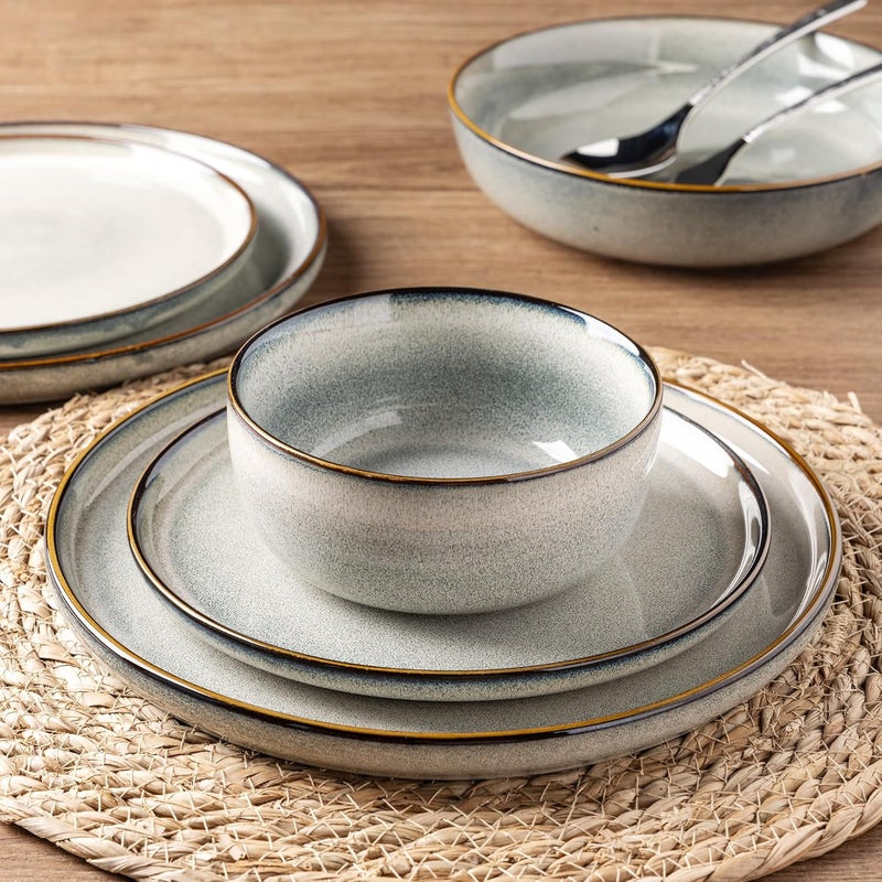 GBHOME Ceramic Dinnerware Sets for 4 12 Pieces Stoneware Plates and Bowls Sets Reactive Glaze Dishes Scratch Resistant DishwasherMicrowave Safe Green Wheat - Image 4