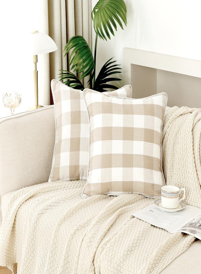 Amzdecor Buffalo Plaid Check Throw Pillow Cover Set of 2 Farmhouse Rustic Square Welted Decorative Pillow Cushion Case，Linen Texture for Home Easter Decor Car Bed Sofa （Linen and White，18 x 18 inches） - Image 2