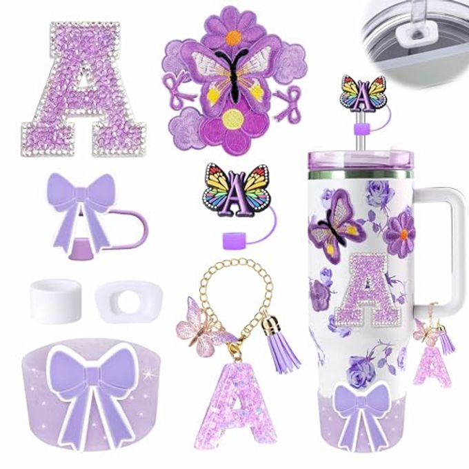 15PCS Cup Accessories Set for Stanley Cup 30oz 40oz Tumbler with Handle, Including Silicone Straw Cover and Boot, Handle Charm,Stanley Charms, Initials Sticker,Spill Proof Stopper (A, Purple)