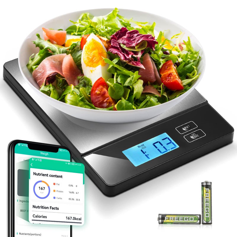 URAMAZ Smart Food Scales for Kitchen Stainless Steel Digital Food Scale Grams and Ounces with Nutritional Calculator App Food Weight Scale for Weight Loss Calorie Diet Meal Prep 01oz  11lb