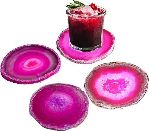 JIC Gem Dyed Pink 3.5-4" Agate Coaster Sliced Natural Agate Coaster for Coffee Cup Home Decor with Rubber Bumper Set of 4 - Image 1