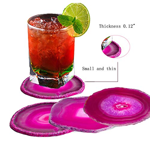 JIC Gem Dyed Pink 3.5-4" Agate Coaster Sliced Natural Agate Coaster for Coffee Cup Home Decor with Rubber Bumper Set of 4 - Image 4