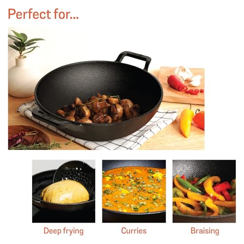 Meyer Pre Seasoned Cast Iron Kadai Without Lid | Iron Kadai for Cooking | Cast Iron Kadhai | Induction Kadai | Deep Frying Kadai | Heavy Bottom Iron Kadai, 26cm, Black - Image 4