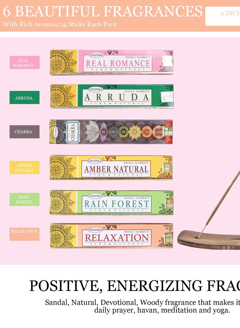 Six Beautiful Fragrance Incense Sticks Chakra, Amber Natural, Rain Forest, Real Romance, Relaxation for Mediatation, Yoga and Stree Relief with 2 Incense Holder -(Pack of 6 * 14 Sticks) - Image 2