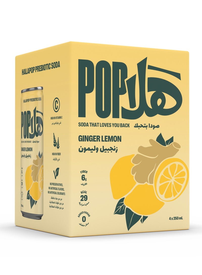 HalaPop Prebiotic Soda – Ginger Lemon, 6g Plant-Based Fiber, High in Vitamin C, No Added Sugar Sparkling Drink (4 x 250ml) - Image 1