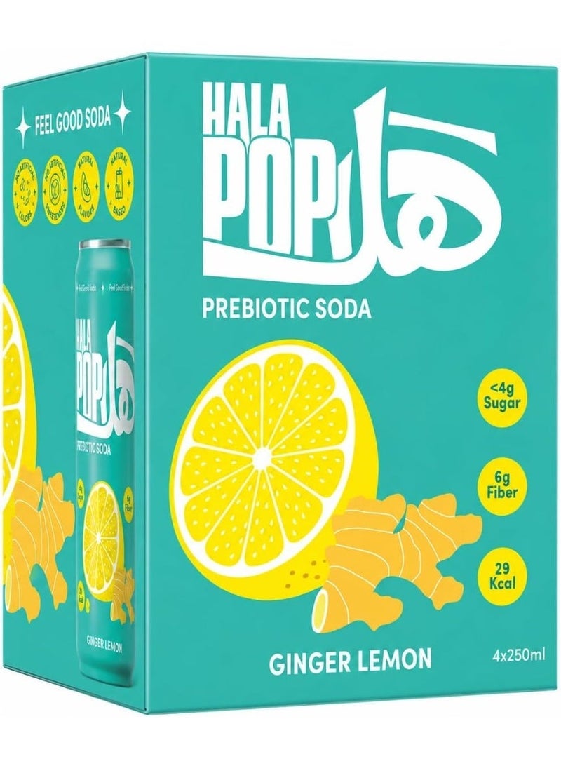 HalaPop Prebiotic Soda, Ginger Lemon - Sparkling Prebiotic Beverage with Plant-Based Fiber to Support Gut & Digestive Wellness, No Added Sugar, 29 Calories, 4 Pack (250 ml) - Image 1