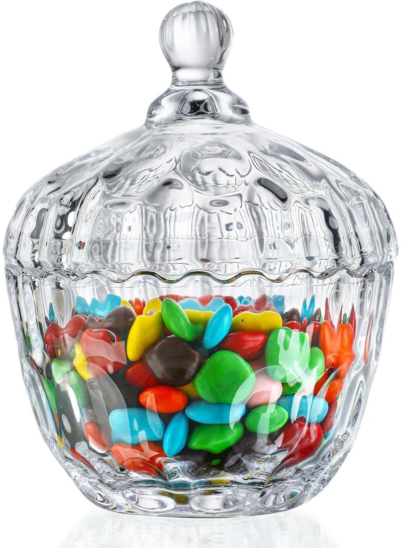 SYOSI طبق حلوى زجاجي مع غطاء، جرة حلوى صغيرة شفافة للتخزين والعرض، حاوية زجاجية أنيقة لمكتب الزينة في حفلات الزفاف، بوفيه، وزينة العطلات، 11.5 أونصة، شفافة - Image 1