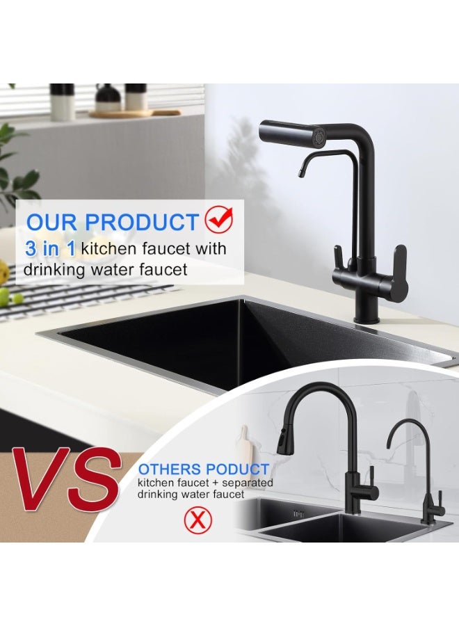 أوبتيا صنبور ساخن وبارد قابل للسحب، صنبور مياه صالح للشرب مباشرة ثلاثي الوظائف، حوض غسيل، صنبور مطبخ مع رشاش قابل للسحب، أسود - Image 5
