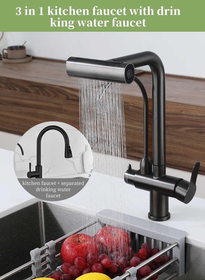 أوبتيا صنبور ساخن وبارد قابل للسحب، صنبور مياه صالح للشرب مباشرة ثلاثي الوظائف، حوض غسيل، صنبور مطبخ مع رشاش قابل للسحب، أسود - Image 4
